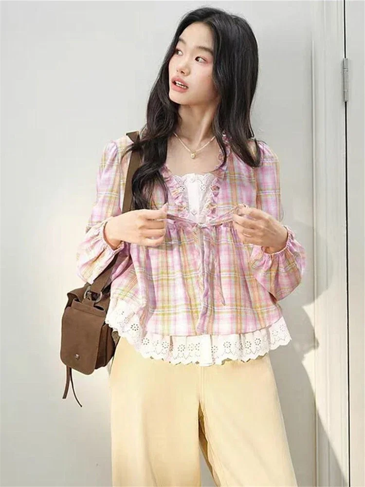 CHICMORE Atasan kemeja dua potong motif kotak-kotak pink lengan panjang longgar