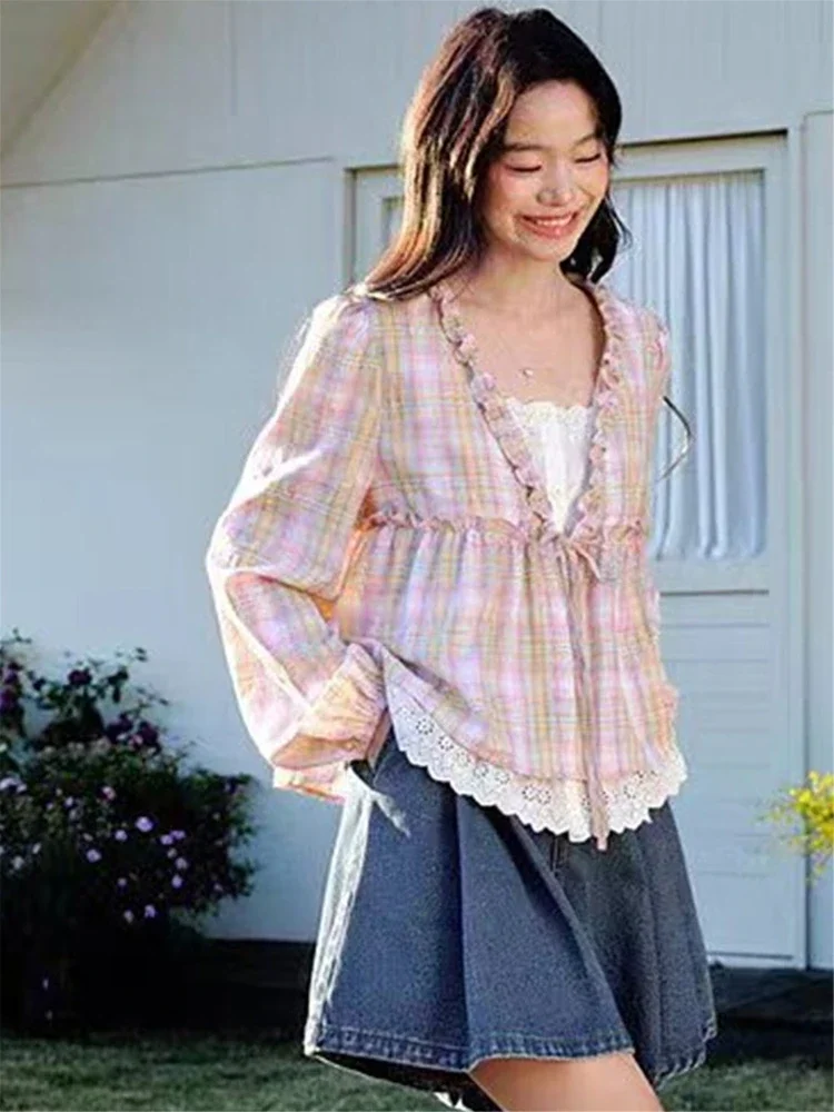 CHICMORE Atasan kemeja dua potong motif kotak-kotak pink lengan panjang longgar