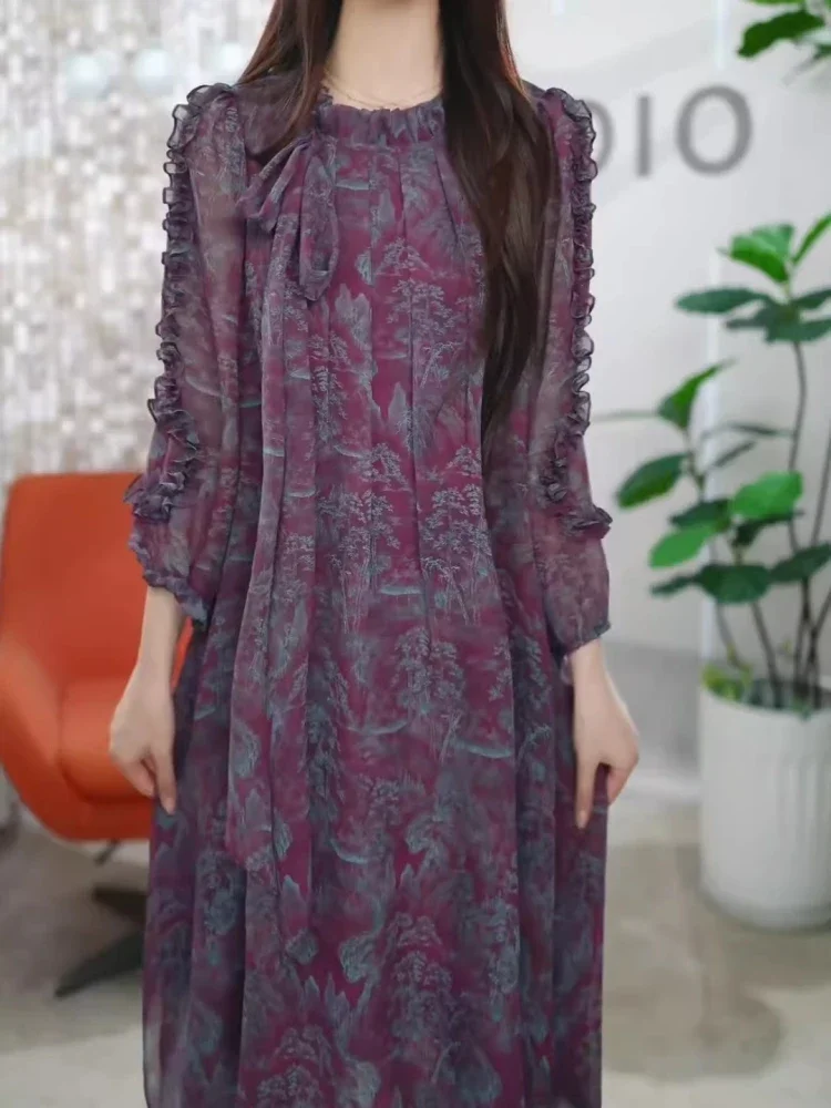 FADFAD Gaun motif manis lengan panjang rok maxi modis