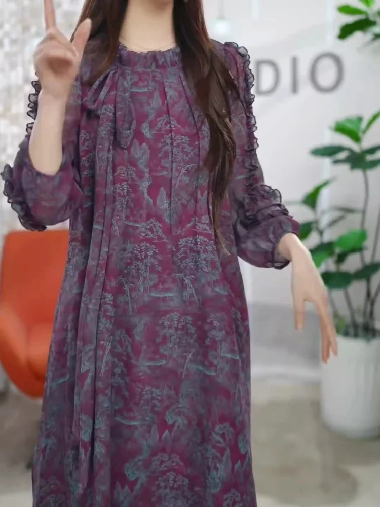 FADFAD Gaun motif manis lengan panjang rok maxi modis