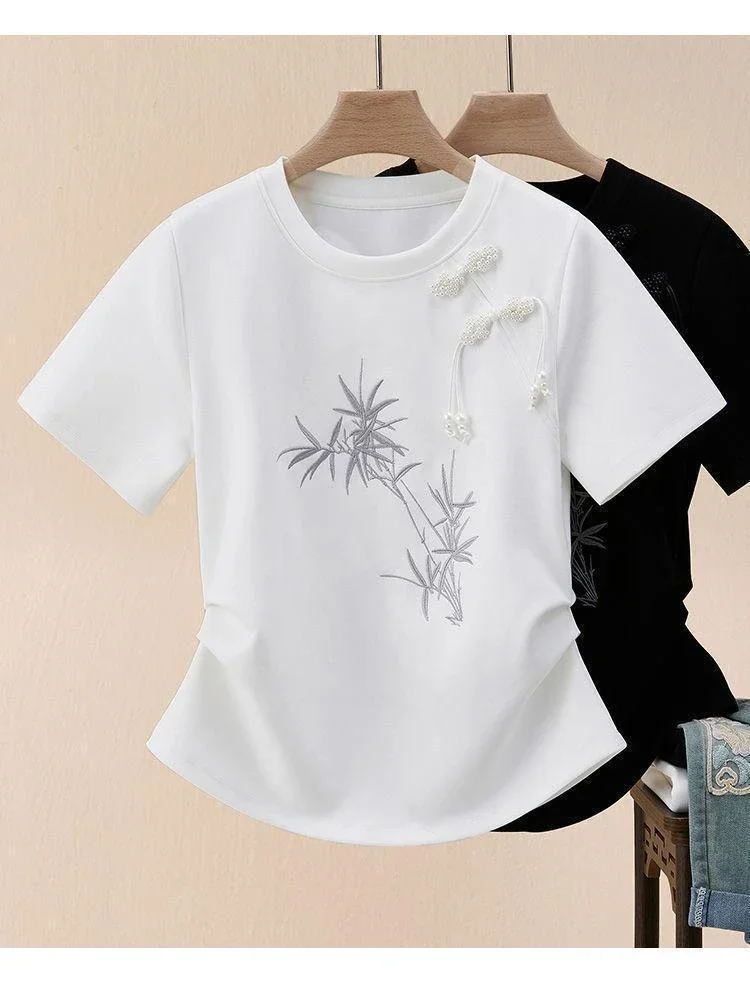 FADFAD Kaos oblong baru lengan pendek model slim fit gaya retro untuk wanita