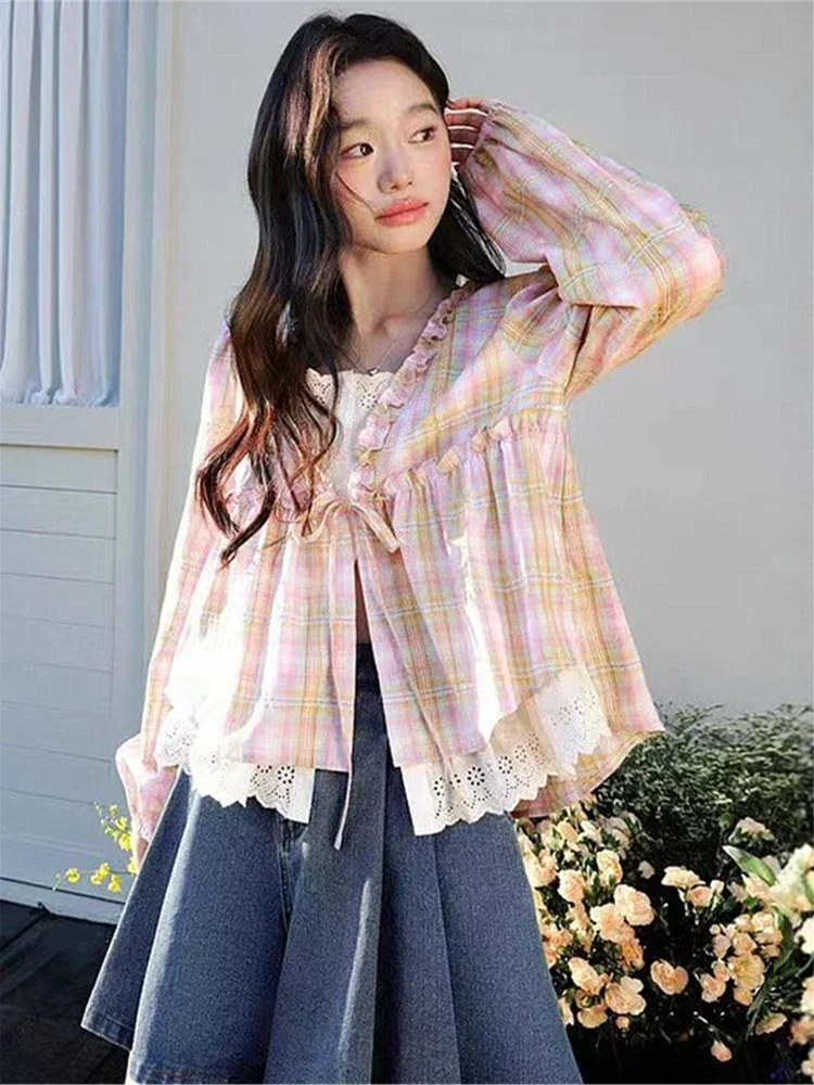 CHICMORE Atasan kemeja dua potong motif kotak-kotak pink lengan panjang longgar