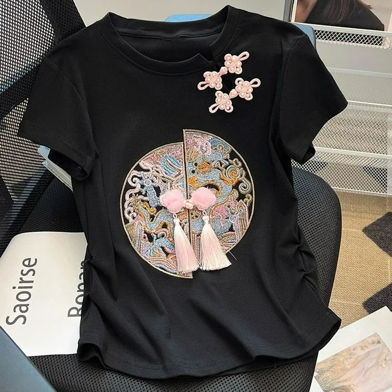 FADFAD Atasan kaos lengan pendek dengan kancing simpul longgar
