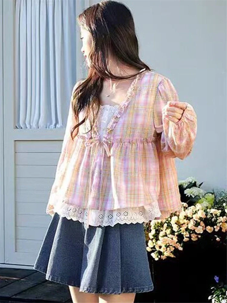 CHICMORE Atasan kemeja dua potong motif kotak-kotak pink lengan panjang longgar