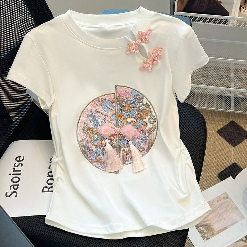 FADFAD Atasan kaos lengan pendek dengan kancing simpul longgar