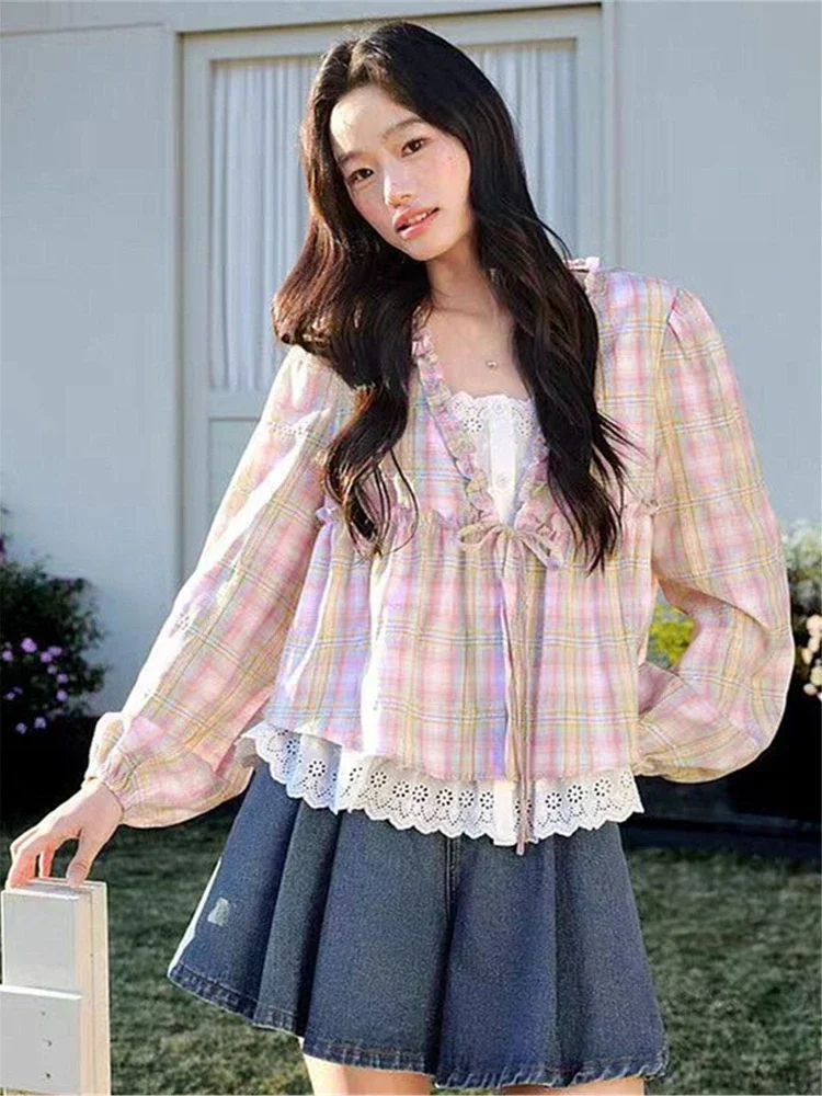 CHICMORE Atasan kemeja dua potong motif kotak-kotak pink lengan panjang longgar