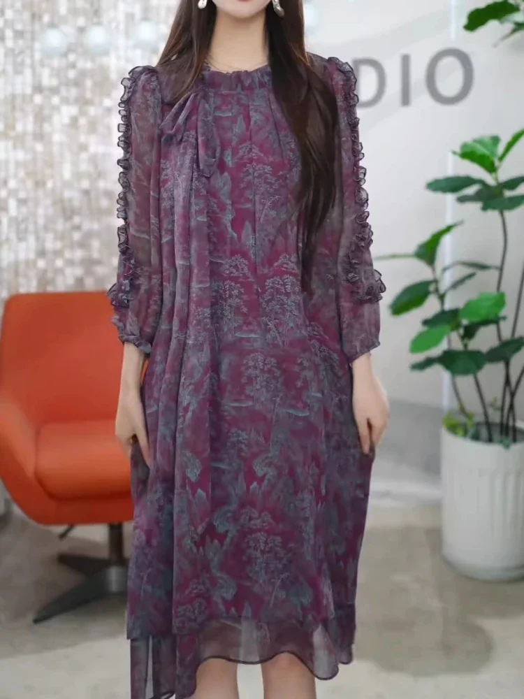 FADFAD Gaun motif manis lengan panjang rok maxi modis