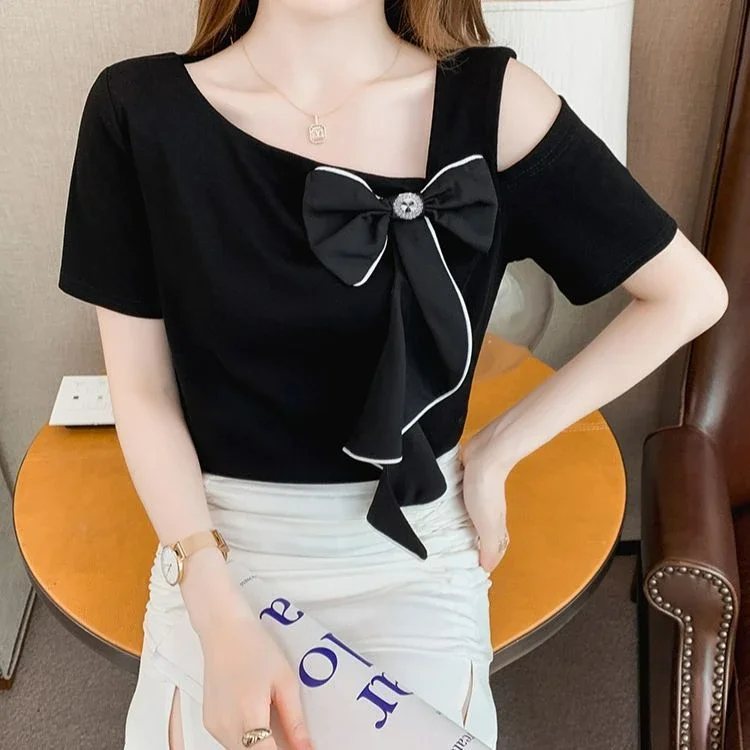 FADFAD Atasan kaus wanita kaus one shoulder lengan pendek