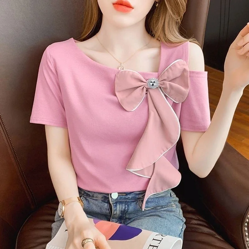 FADFAD Atasan kaus wanita kaus one shoulder lengan pendek