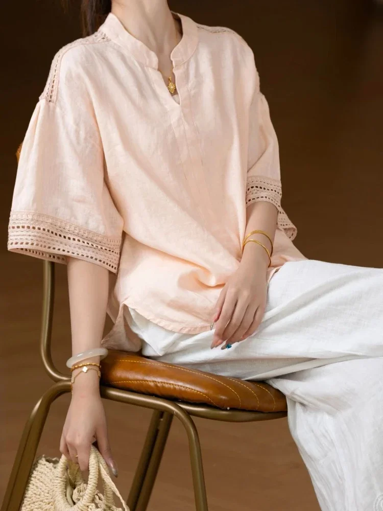 [DISKON KILAT]CHICMORE Blouse wanita kelas atas dengan kerah notched berlengan pendek warna solid