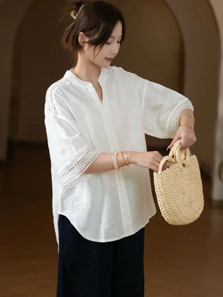 [DISKON KILAT]CHICMORE Blouse wanita kelas atas dengan kerah notched berlengan pendek warna solid