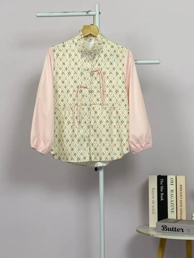 [DISKON KILAT]ASAYA Atasan wanita lengan panjang bergaya retro dengan kancing depan, motif tambal sulam yang modis.