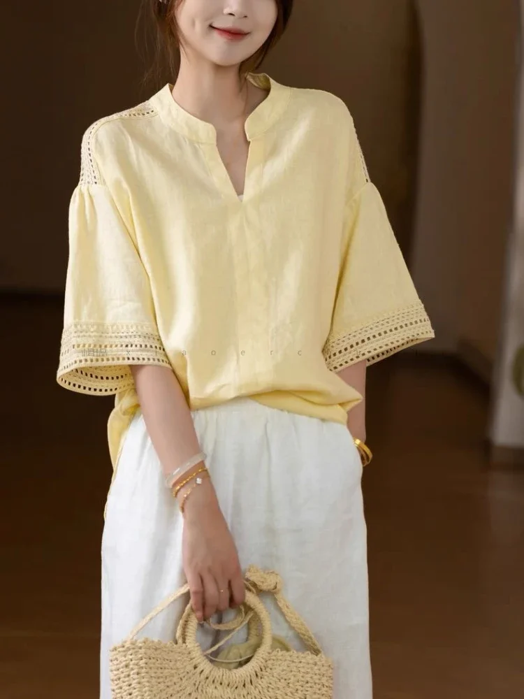 [DISKON KILAT]CHICMORE Blouse wanita kelas atas dengan kerah notched berlengan pendek warna solid