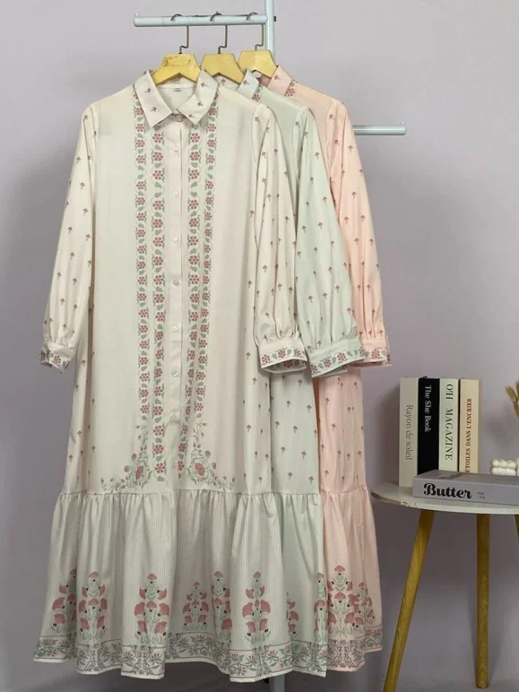 [DISKON KILAT]ASAYA Gaun kemeja kerja wanita lengan panjang motif bunga