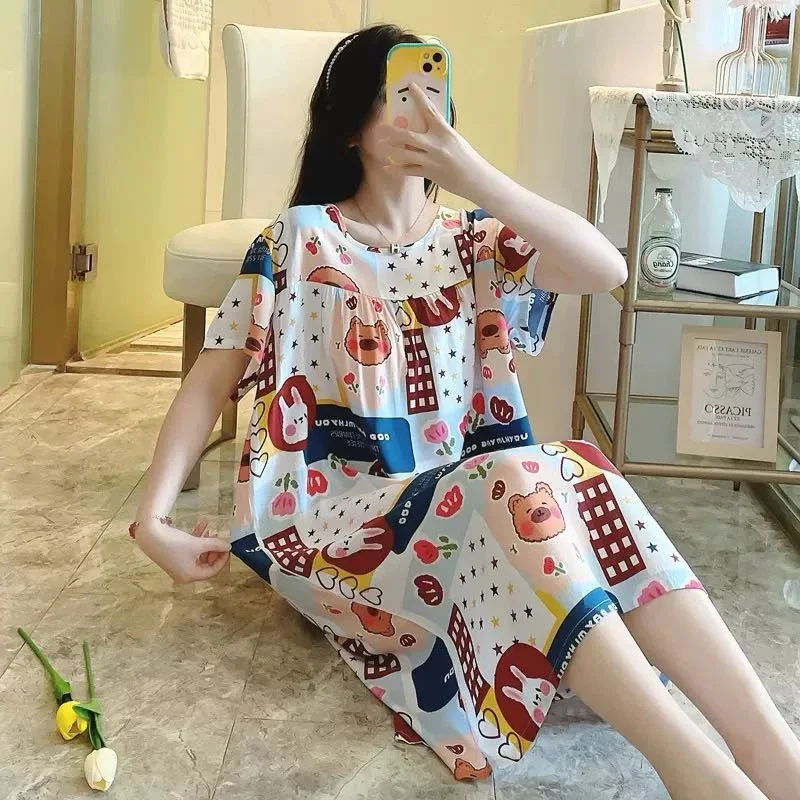 ASAYA Gaun pakaian wanita lengan pendek kerah bulat motif cetak lucu gaya korea