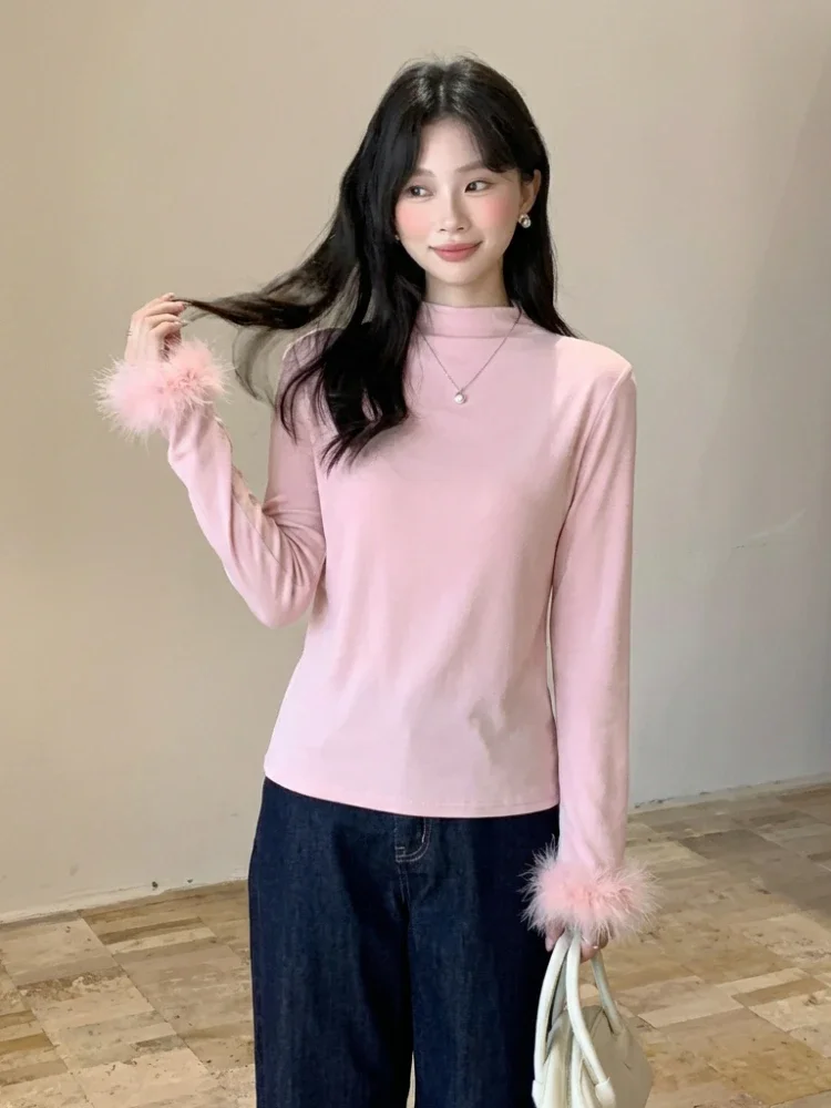 [READY STOCK]CHICMORE Atasan lengan panjang berkerah tinggi hitam bergaya feminin modis dengan lengan berbulu untuk wanita