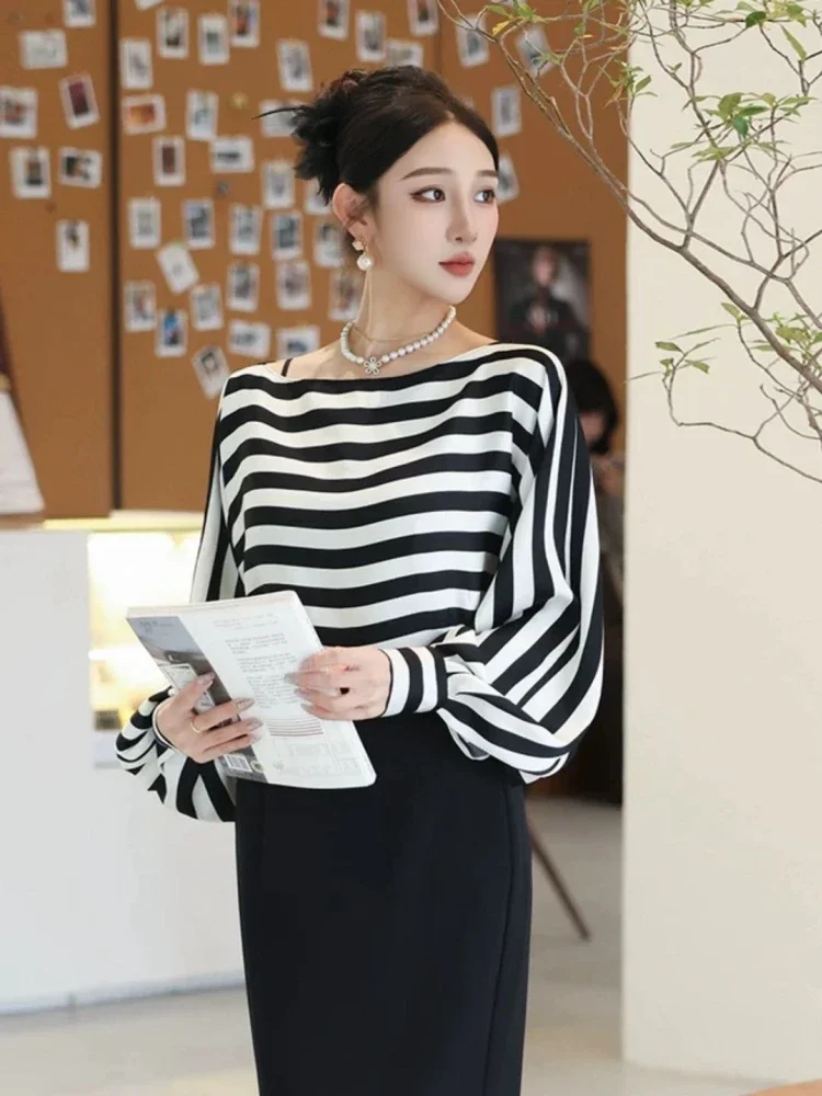 FADFAD Atasan wanita blouse lengan panjang dengan kerah bulat motif bergaris kasual