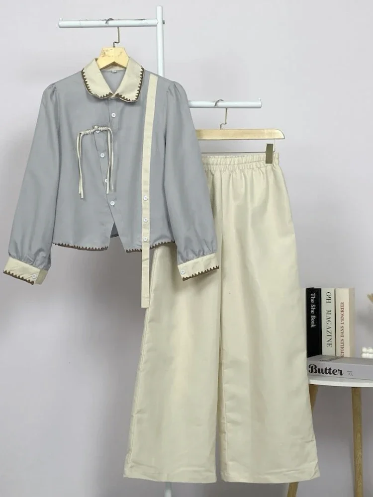 [DISKON KILAT]ASAYA Setelan wanita muslim 2 pcs - kemeja kontras + celana kulot nyaman
