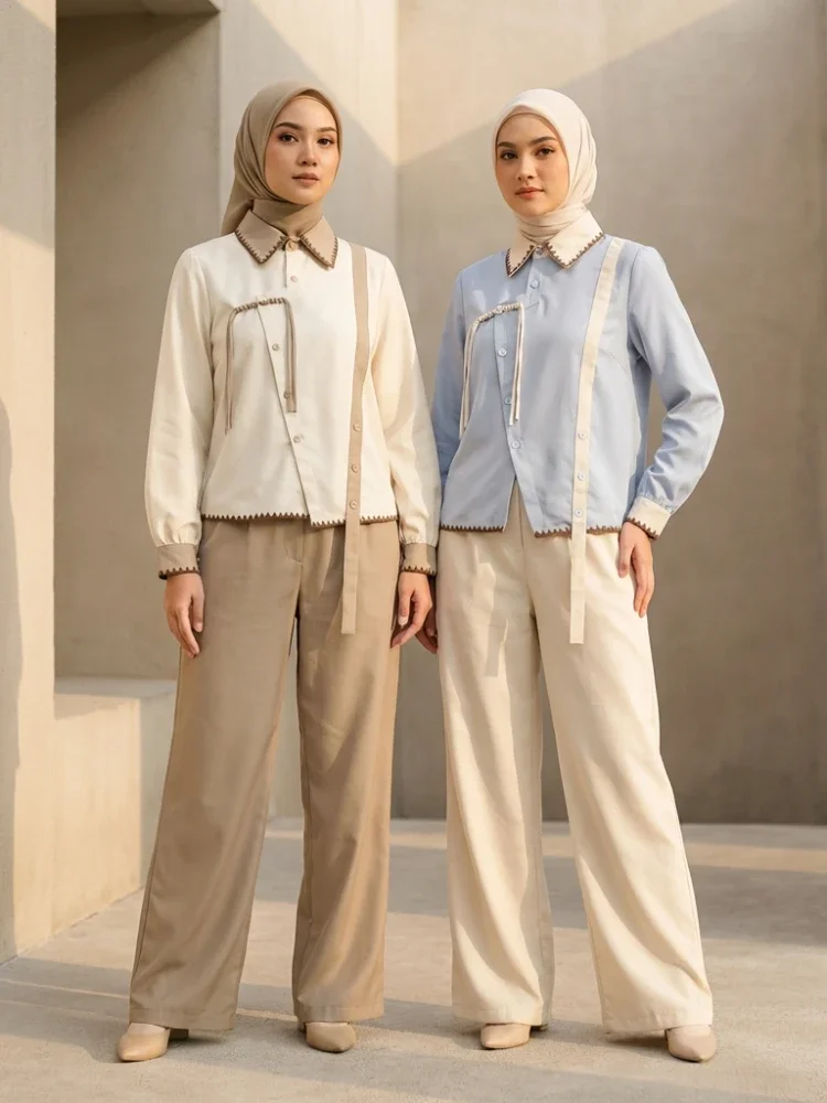 [DISKON KILAT]ASAYA Setelan wanita muslim 2 pcs - kemeja kontras + celana kulot nyaman