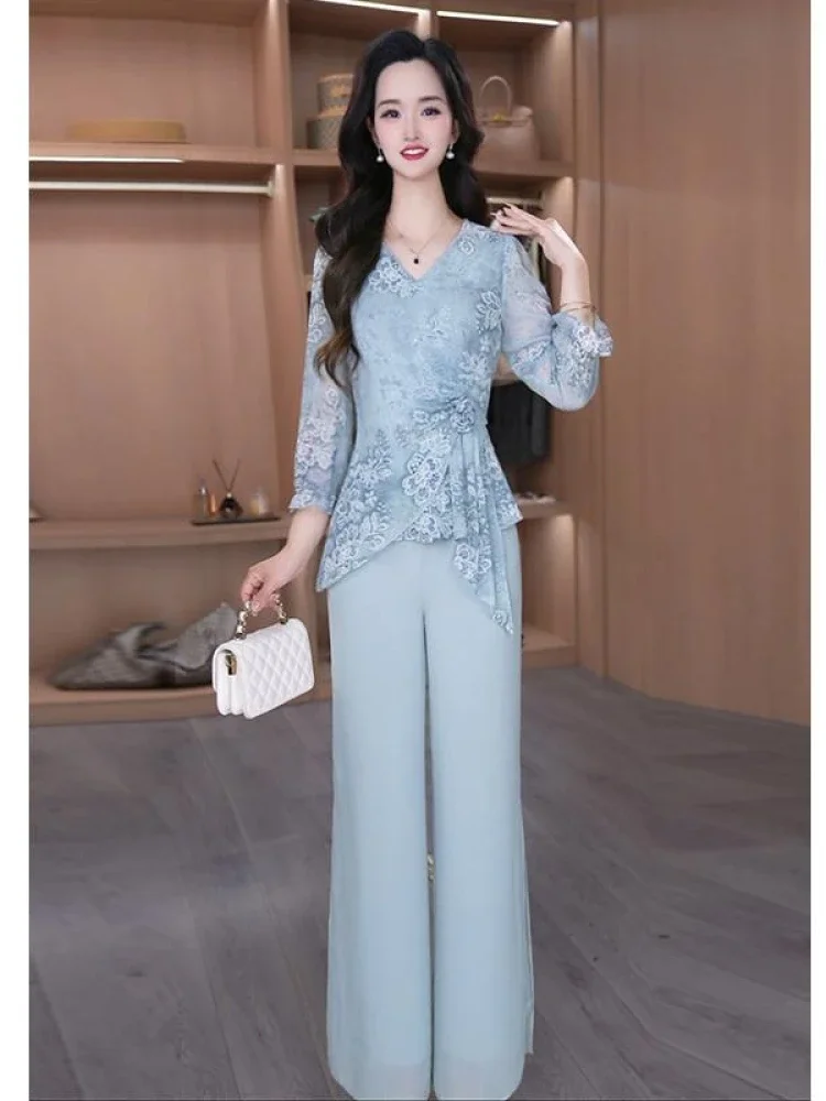 FADFAD Setelan atasan kerah v + celana gaya baru yang elegan kasual dan trendi untuk wanita