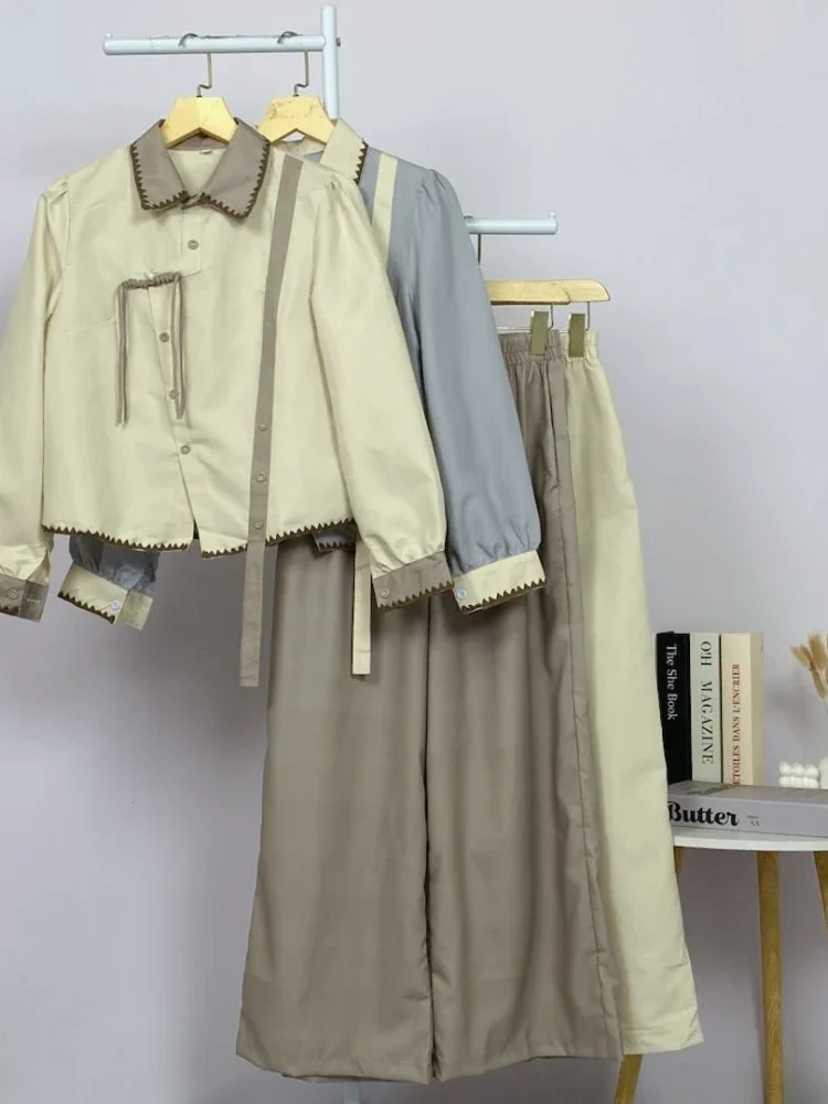 [DISKON KILAT]ASAYA Setelan wanita muslim 2 pcs - kemeja kontras + celana kulot nyaman