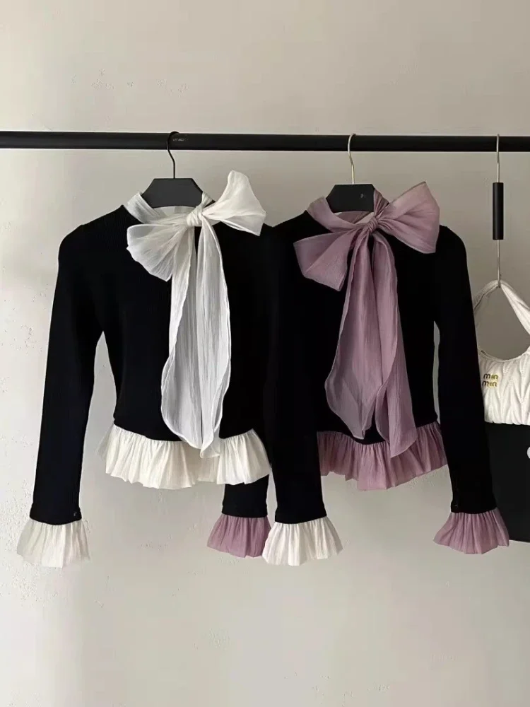 CHICMORE Atasan kaos lengan panjang berkerut dengan detail pita dan blok warna