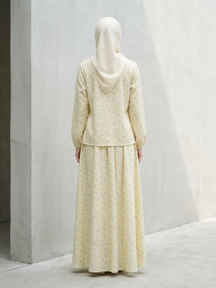 [DISKON KILAT]ASAYA Kemeja lengan panjang wanita modis dengan kerah bulat, dilengkapi detail pita, gaya korea dengan motif bunga dicetak dipadukan dengan rok panjang