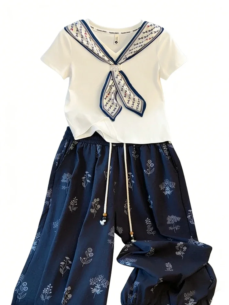 FADFAD Setelan wanita dua potong korean style atasan blouse lengan pendek motif cantik + celana panjang kekinian