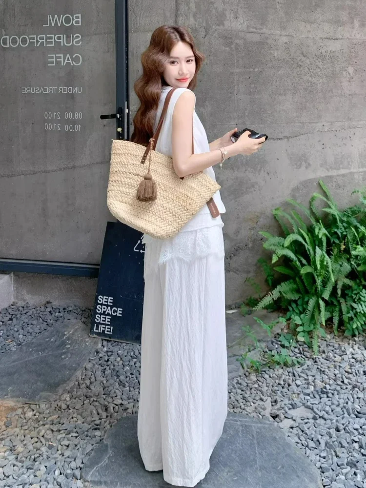 CHICMORE Setelan dua potong super stylish rompi putih elegan dan celana kasual lebar
