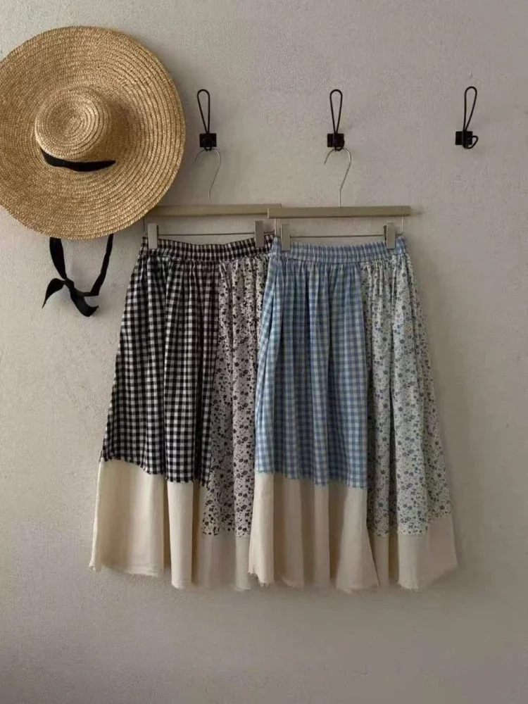 CHICMORE Rok midi a-line wanita kotak-kotak blok warna terbaru