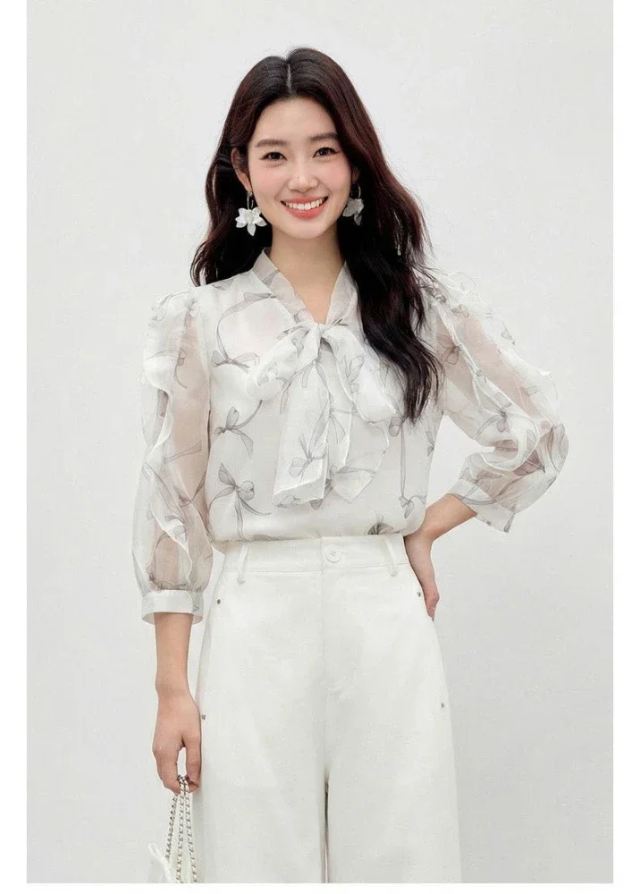 FADFAD Blouse wanita kelas atas dengan motif baru dan kerah tie neck berlengan panjang kekinian