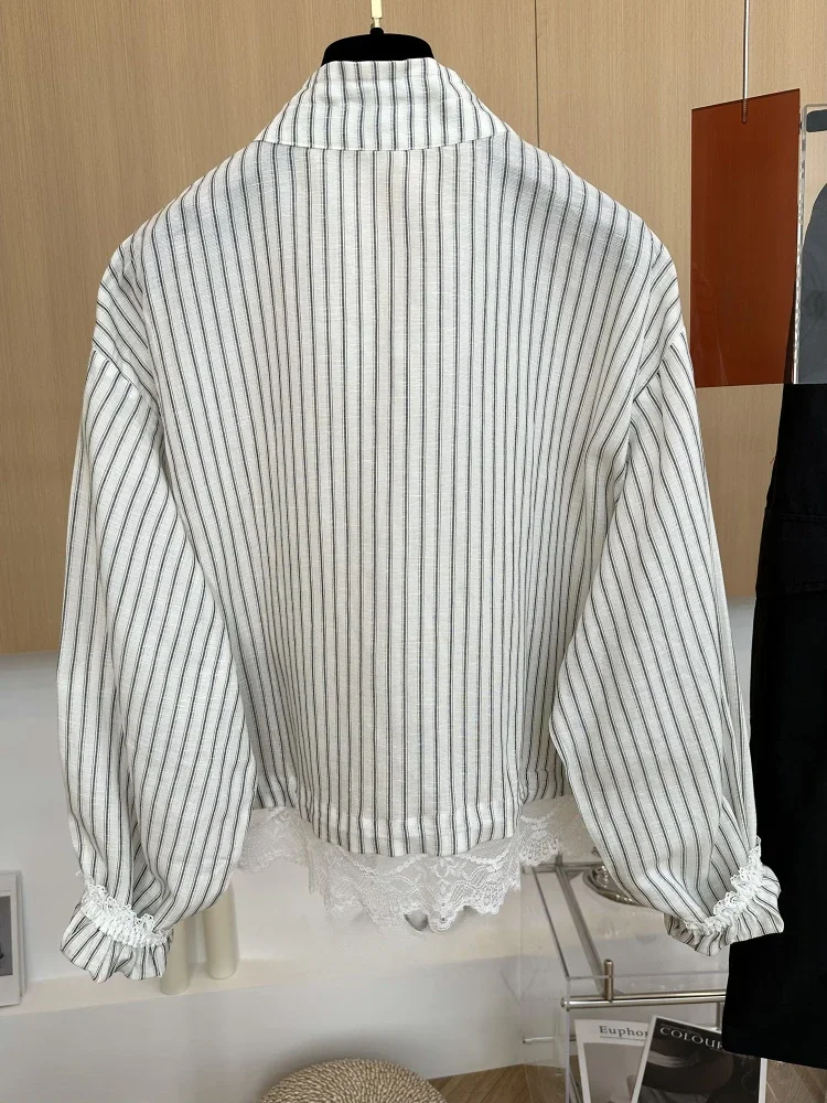 CHICMORE Atasan kemeja motif bergaris lengan panjang tepi renda gaya retro