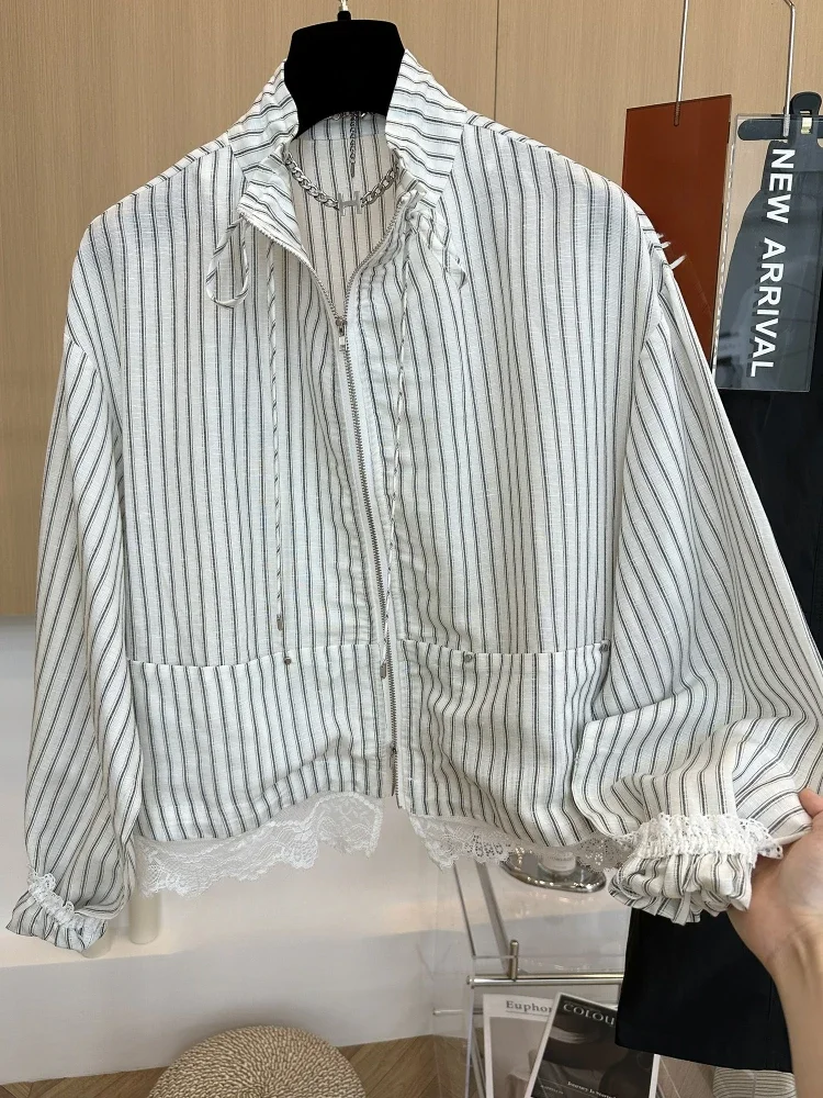 CHICMORE Atasan kemeja motif bergaris lengan panjang tepi renda gaya retro