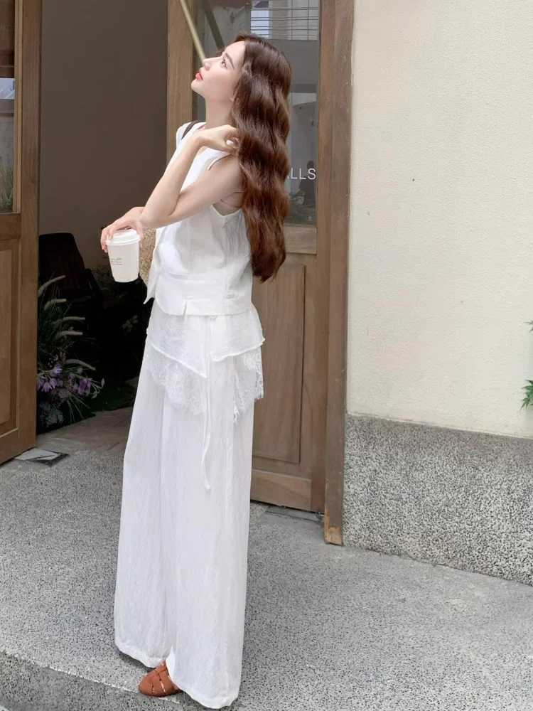 CHICMORE Setelan dua potong super stylish rompi putih elegan dan celana kasual lebar