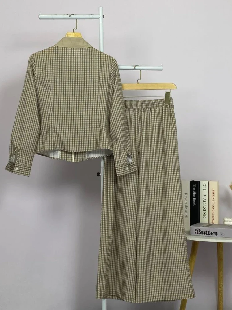[READY STOCK]ASAYA Setelan atasan kemeja lengan panjang dengan ritsleting dan pola kotak-kotak modis wanita dipadukan dengan celana panjang bermotif kotak-kotak