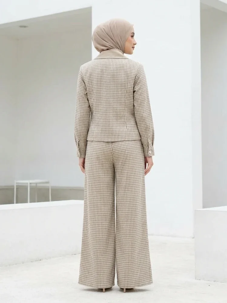 [READY STOCK]ASAYA Setelan atasan kemeja lengan panjang dengan ritsleting dan pola kotak-kotak modis wanita dipadukan dengan celana panjang bermotif kotak-kotak