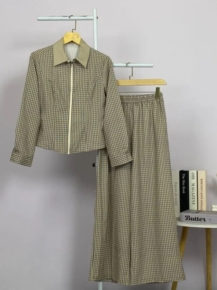 [READY STOCK]ASAYA Setelan atasan kemeja lengan panjang dengan ritsleting dan pola kotak-kotak modis wanita dipadukan dengan celana panjang bermotif kotak-kotak