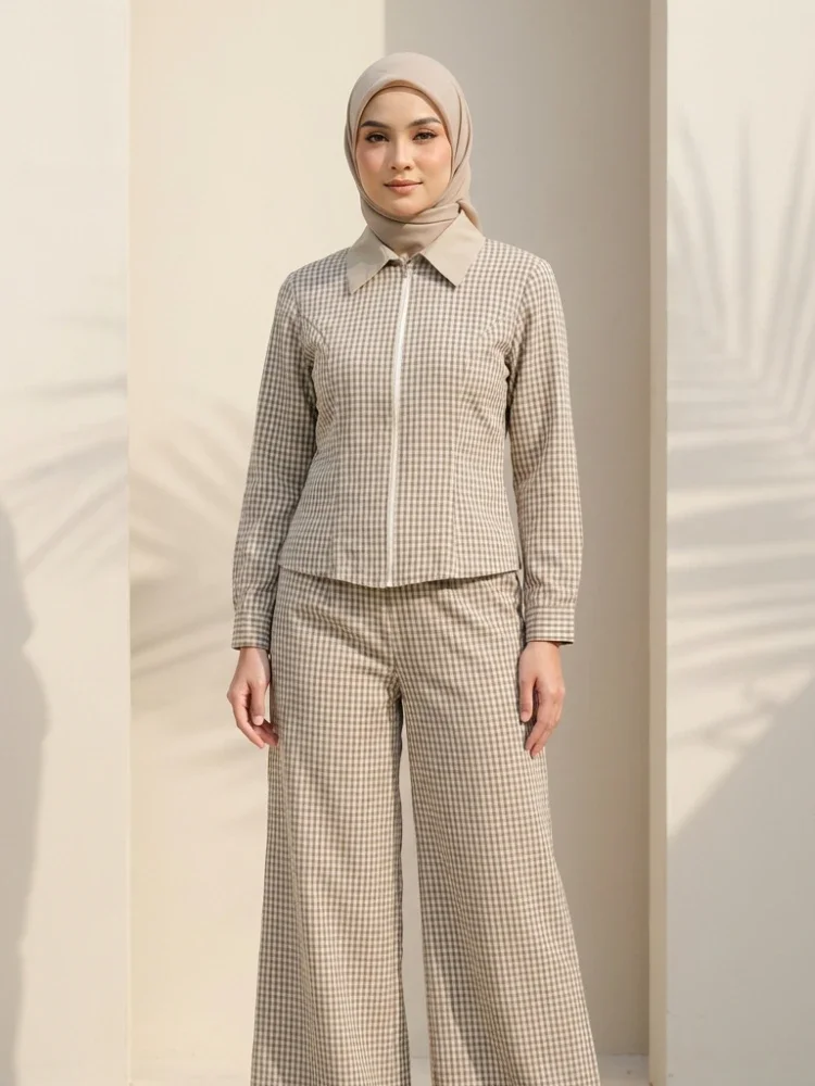 [READY STOCK]ASAYA Setelan atasan kemeja lengan panjang dengan ritsleting dan pola kotak-kotak modis wanita dipadukan dengan celana panjang bermotif kotak-kotak