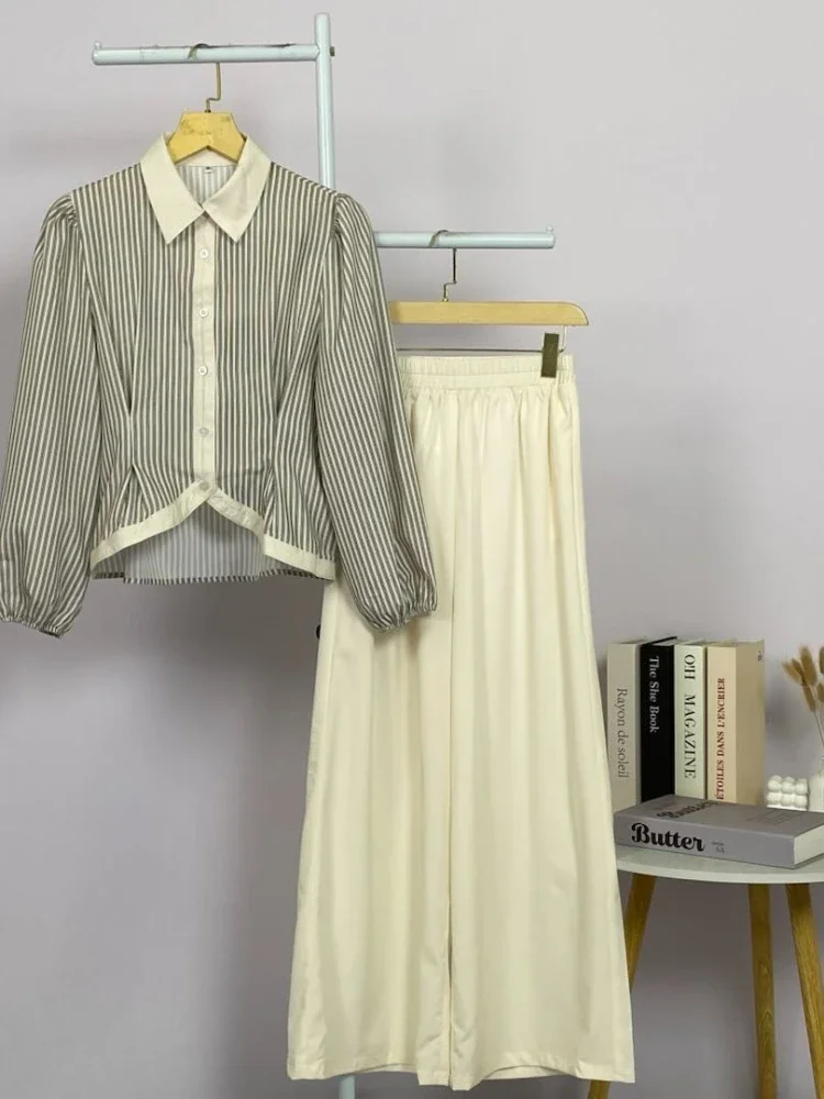ASAYA Setelan atasan wanita lengan panjang dengan motif garis dan celana longgar polos