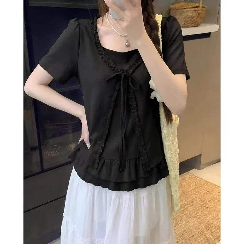 CHICMORE Atasan kaos lengan pendek ramping ala dua potong untuk wanita