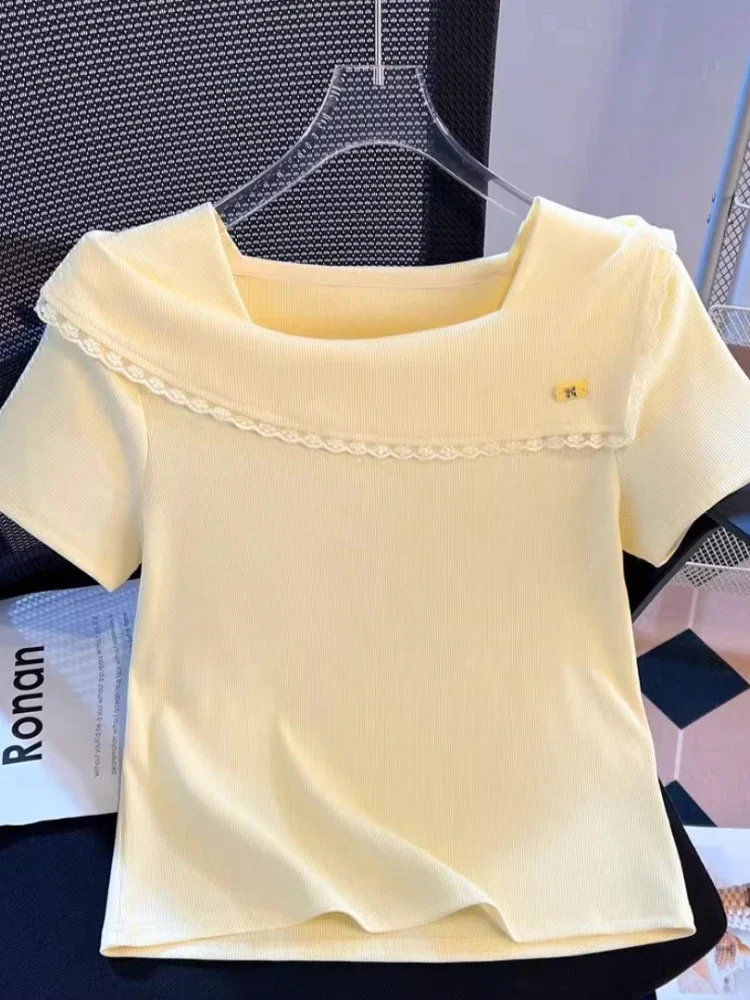 CHICMORE Atasan kaos lengan pendek ramping model kerah kotak