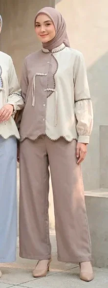 ASAYA Setelan wanita muslim 2 pcs - kemeja kontras + celana kulot nyaman