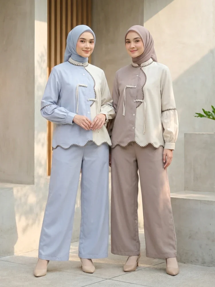 ASAYA Setelan wanita muslim 2 pcs - kemeja kontras + celana kulot nyaman