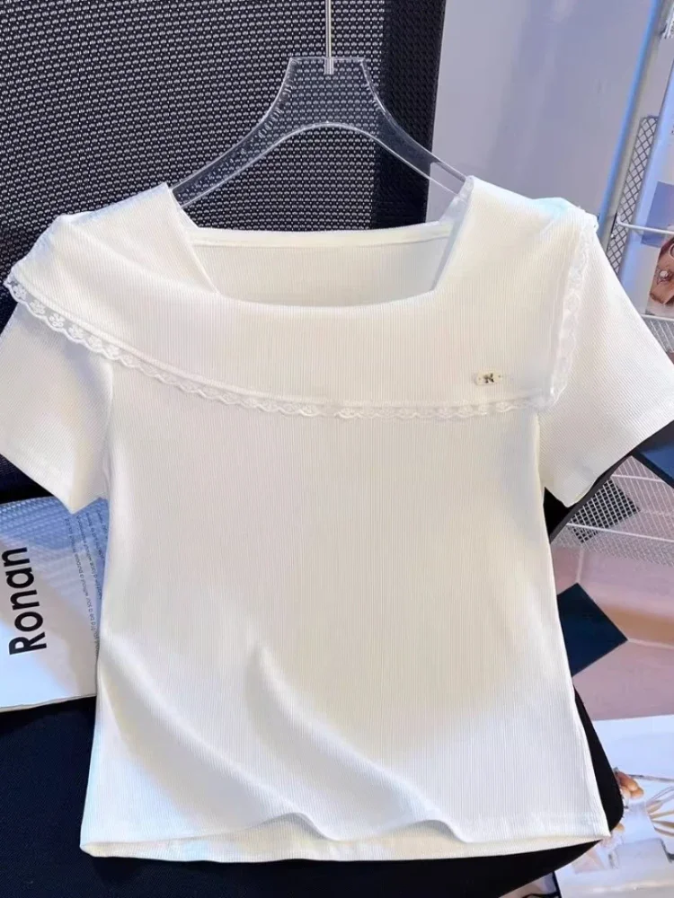 CHICMORE Atasan kaos lengan pendek ramping model kerah kotak