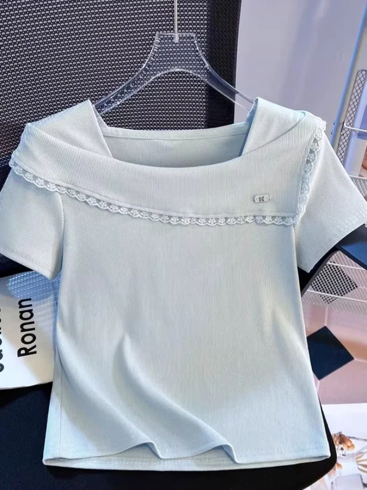 CHICMORE Atasan kaos lengan pendek ramping model kerah kotak