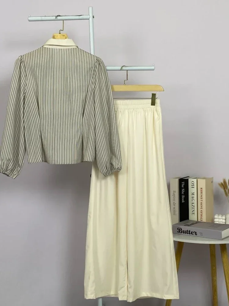 ASAYA Setelan atasan wanita lengan panjang dengan motif garis dan celana longgar polos