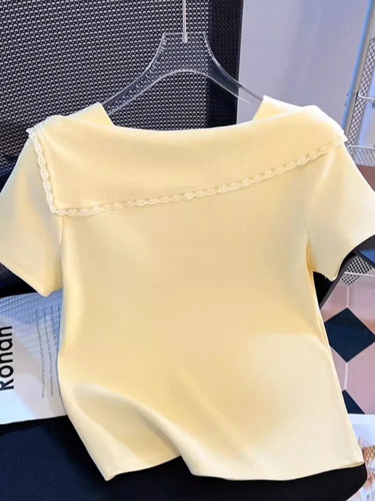 CHICMORE Atasan kaos lengan pendek ramping model kerah kotak