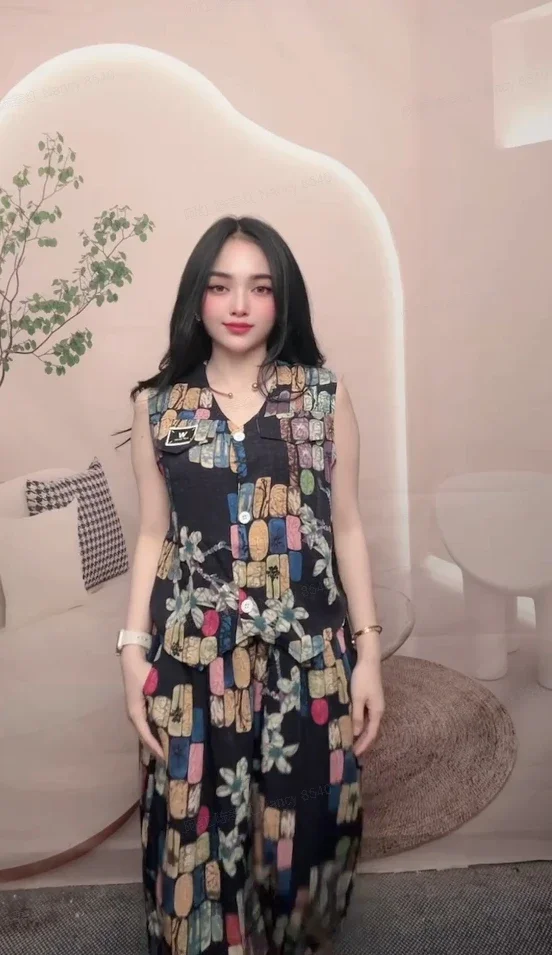 [READY STOCK]FADFAD Setelan wanita dua potong atasan rompi tanpa lengan dengan kancing dan celana panjang lebar
