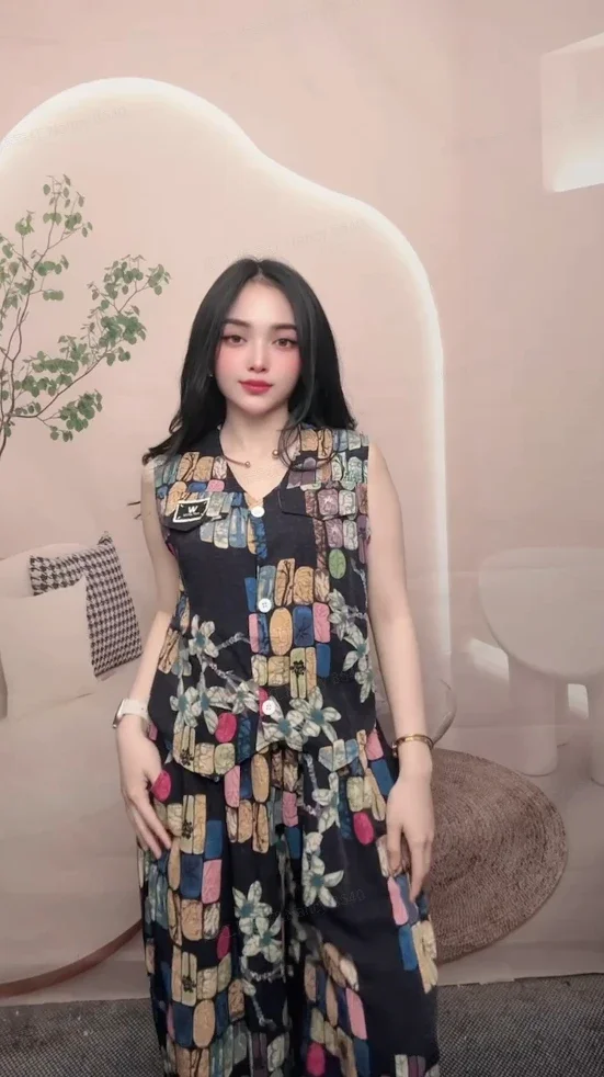 [READY STOCK]FADFAD Setelan wanita dua potong atasan rompi tanpa lengan dengan kancing dan celana panjang lebar
