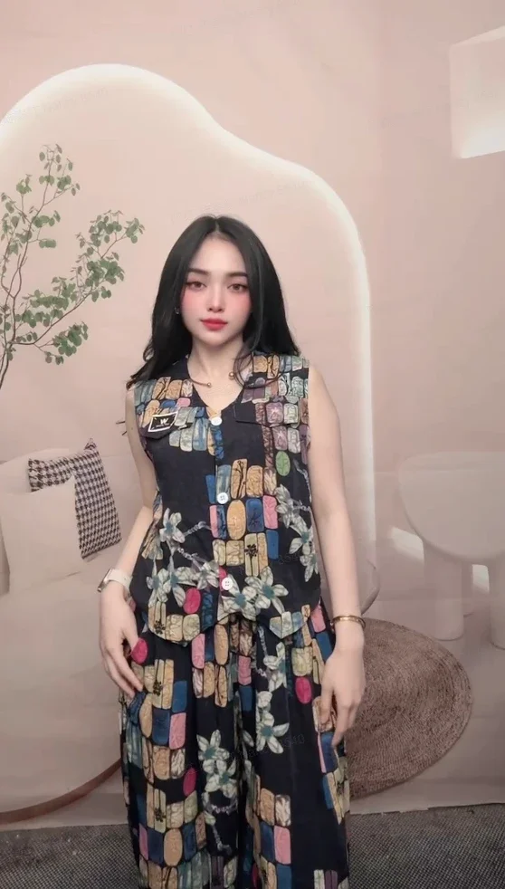 [READY STOCK]FADFAD Setelan wanita dua potong atasan rompi tanpa lengan dengan kancing dan celana panjang lebar
